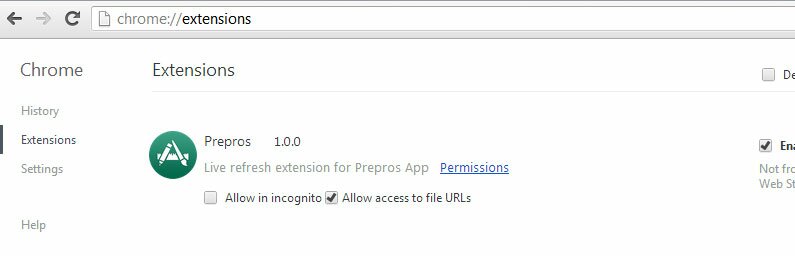 Prepros Chrome extensions settings Prepros in the Chrome extensions settings