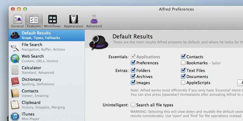 Alfred file search preferences